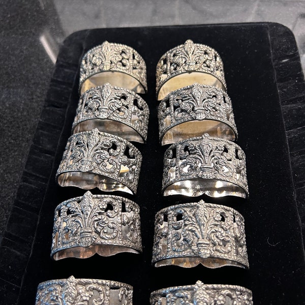 Vintage Silvertone Metal Fleur de lis  Half Moon Napkin Rings - Set of 10