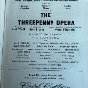 May include: A vintage playbill for the Paper Mill Playhouse production of "The Threepenny Opera," featuring cast and production credits. The playbill includes the names of the cast, director, and musical director. The bottom of the playbill advertises Central Cadillac, Inc.