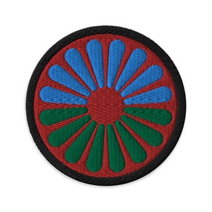 Romani Wheel Official Romani Flag Embroidered Patch | Iron-on, Sew-on, or Safety pin Patch