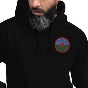 Romani Heritage Unisex Hoodie - Official Romani Flag with Embroidered Wheel Design