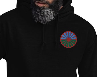 Romani Heritage Unisex Hoodie - Official Romani Flag with Embroidered Wheel Design