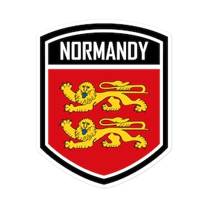May include: A red shield with a black border and the word "NORMANDY" in white letters. Two gold lions with blue tongues are facing each other on the shield.
