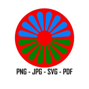 Arte imprimible de la rueda romaní - Colores de la bandera romaní - Descarga digital - SVG, PNG, PDF, Jpg