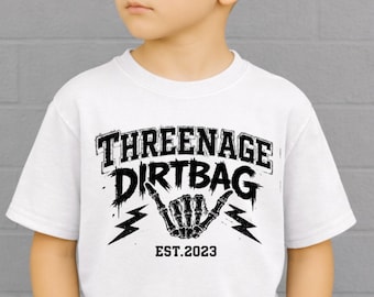Threenage Dirtbag Shirt for Boys or Girls, Funny 3rd Birthday Tee, Toddler Rocker Outfit, Third Birthday Party Gift