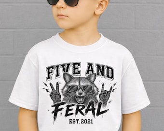 Five and Feral 5th Birthday Shirt for Girls or Boys, Funny Raccoon Kids Tee, Wild Child Party Outfit, Fifth Birthday Gift