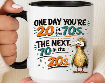 70th Birthday Present, Funny 70th Gift Mug, One Day You’re 20 in the 70s, Retro Milestone Coffee Cup for Mom Dad Grandma Grandpa