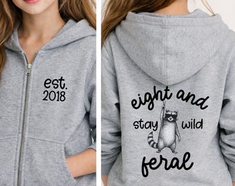 8th Birthday Hoodie For Kids, Feral Raccoon Jacket, Funny Tween Zipper Sweatshirt, Gift For Daughter Son Grandchild, Classmate Bday Present