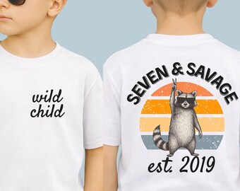 Seven and Savage Birthday Shirt, Funny 7th Birthday Tee for Wild Kids, Cool Party Outfit for Age 7 Boys or Girls