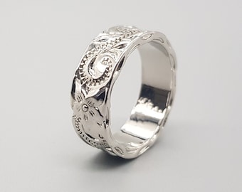Silverring med heltäckande blommönster, 925 silverplätering, damring, blommönster, exceptionell, extravagant, gedigen