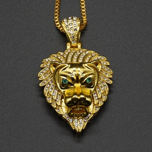 Złoty wisiorek z głową lwa z łańcuszkiem, hip hop, Iced Out, Lionhead, błyszczące pozłacane, błyszczące, hip hop, kroplówka, Bling Bling, lew, lew 3-D