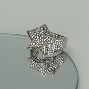 Ring Silver Star Iced Out silver-plated with rhinestones, Hip Hop jewelry, shiny, glittering, all-over pattern
