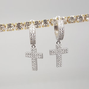 Earrings Cross Silver hanging crosses Iced Out, set with synthetic sapphires