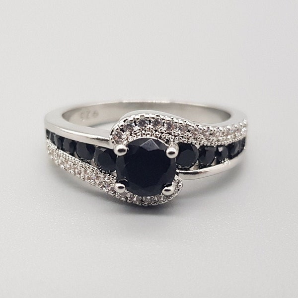 Silver ring with black and white sapphires 925 silver plating