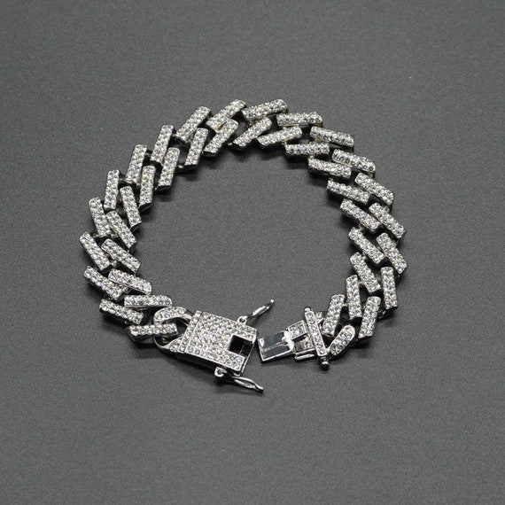 Bracelet Silver Iced Out Prong Cuban Link, Hip Hop, Men, Women, Shiny Silver Plated Metal Alloy, Rhinestones, Glittering, Iced Out - Etsy Bracelet Silver Iced Out Prong Cuban Link, Hip Hop, Men, Women, Shiny Silver Plated Metal Alloy, Rhinestones, Glittering, Iced Out - Etsy