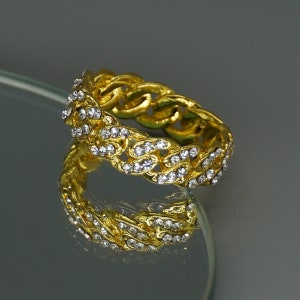 Ring Gold Iced Miami Cuban Narrow, men&#39;s ring, women&#39;s ring, shiny gold-plated, with rhinestones, hip hop, hip hop jewelry, glittering, all over