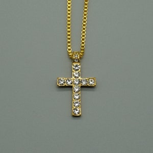 Zawieszka Krzyż Złoty z Łańcuszkiem Boxchain Iced Out, pozłacana z kryształkami, biżuteria hip-hopowa, biżuteria męska, biżuteria damska