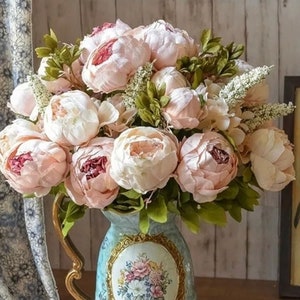Artificial Vintage Peony Bouquet (7 COLOURS ) - | Peony flowers & Buds with Hydrangea, Astilbe and Foliage