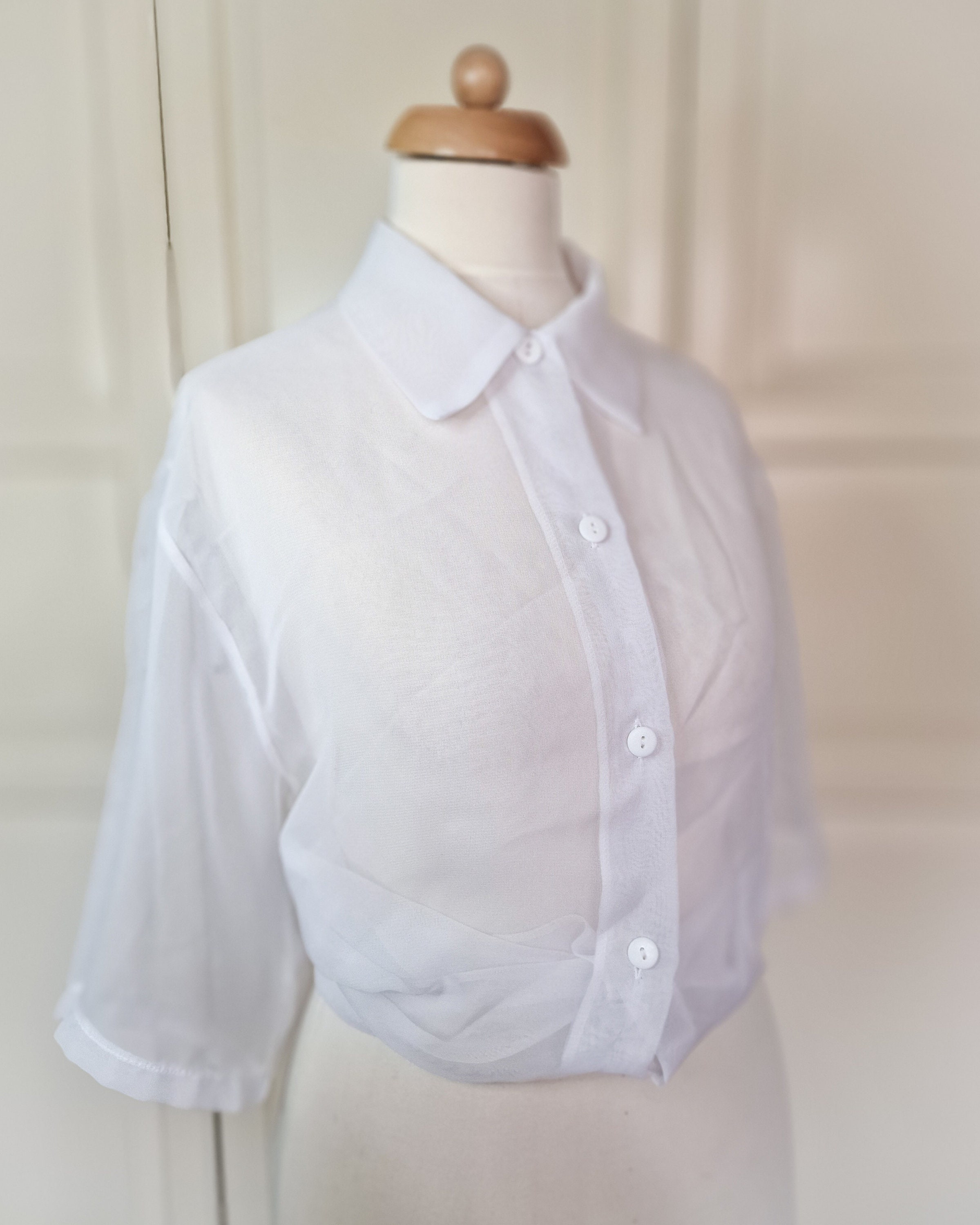 VINTAGE White Blouse Transparent 1980 Top Button up Spring