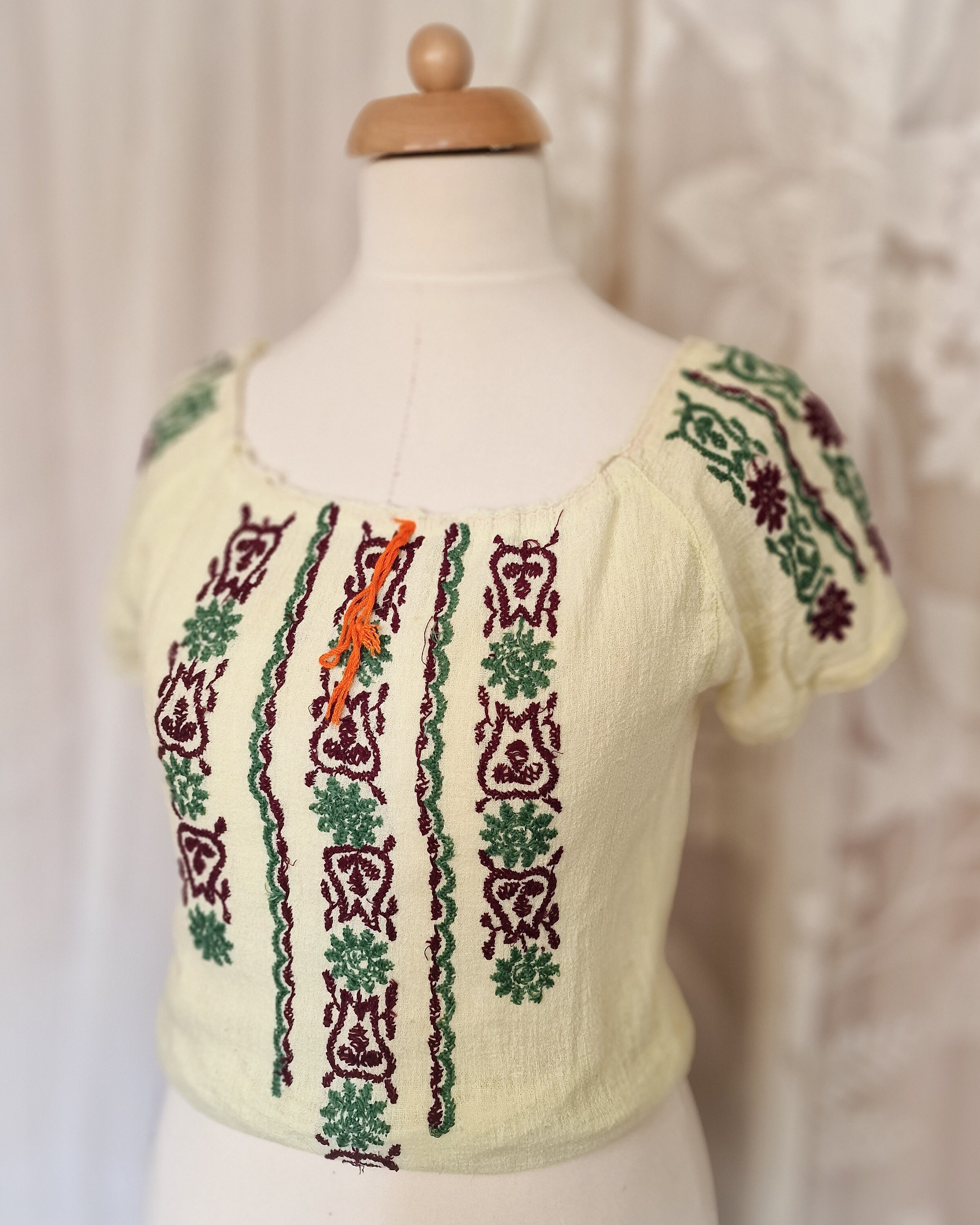 Vintage antique blouse, cotton gauze top with embroidery, hungarian folk style