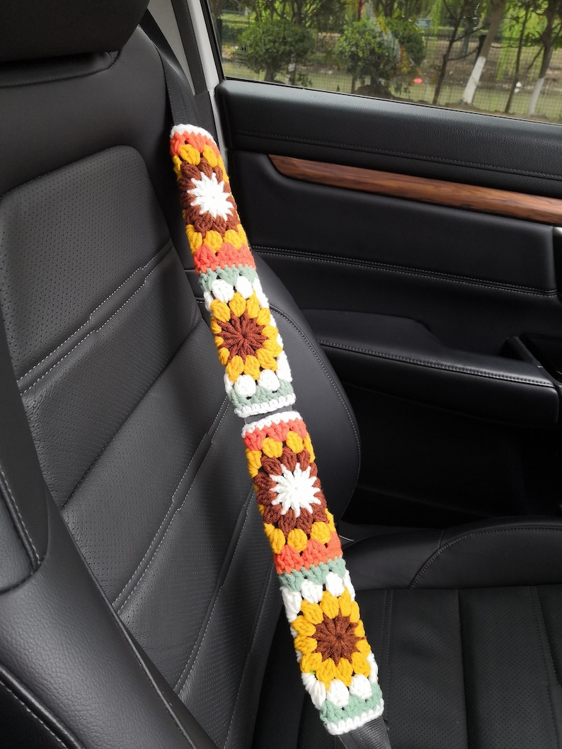 Crochet Granny Square Steering Wheel Cover: Colorful Car Interior Accessory D  2 belt cover