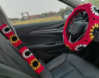 Crochet Sunflower Steering Wheel Cover: Car Accessories for Women