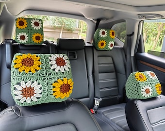 Handmade Crochet Car headrest cover,Sunflower Car Headrest Covers,Car Headrest Cover Car Seat Head Rest Cover,Cute Car Decoration for Women