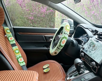 Rattöverdrag med virkad solros: Biltillbehörsset