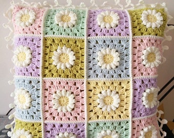 Handmade Crochet Daisy Pillow Cover: Granny Square Floral Cushion