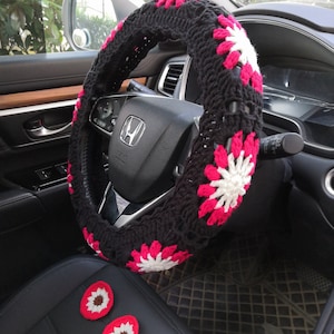 Car Steering Wheel Cover, Car Seat Belt cover,Crochet Sunflower Steering Wheel Cover,Black Steering Wheel Cover Crochet,Crochet Car Coaster