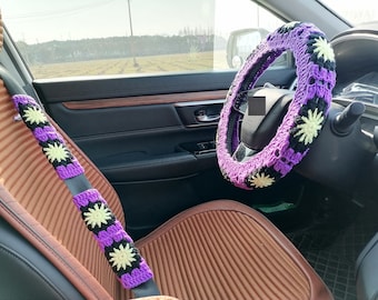 Handmade Crochet Sunflower Steering Wheel Cover: Car Accessories