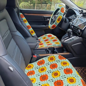 Crochet Car Seat Covers,Steering Wheel Cover for women,Crochet cute Sunflower Flower Seat Belt Cover, Car Accessories Decorations