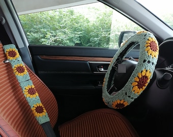 Crochet Steering Wheel Cover,Sunflower Crochet Steering Wheel Cover,Car Steering Wheel Cover,