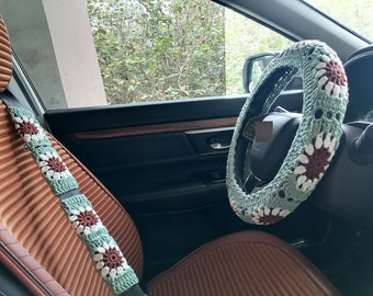 Steering Wheel Cover,Crochet Steering Wheel Cover,Sunflower car Accessories,Green Steering Wheel Cover,Steering Wheel Cover for Women & Girl