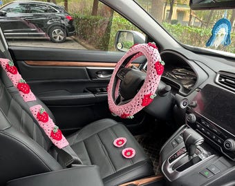 Crochet Strawberry Car Steering Wheel Cover Set: Auto Accessories
