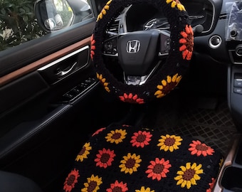 Car Seat Covers,Crochet Sunflower Seat Cover Set,Steering Wheel Cover for Women Men,Crochet cute Seat Belt Cover,Car Accessories Decorations