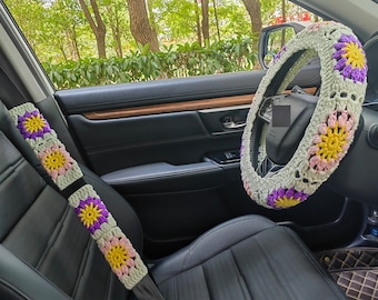 Handmade Crochet Steering Wheel Cover: Granny Square Sunflower Design