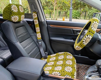 Sunflower Crochet Car Decoration Set,Crochet Sunflower Steering Wheel Cover,Seatbelt Cover,headrest covers for cars,Crochet seats cover