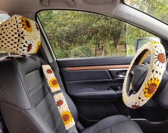 Crochet Car headrest cover,Sunflower Headrest Covers,Car Headrest Cover Car Seat Head Rest Cover,Cute Headrest Cover for Women