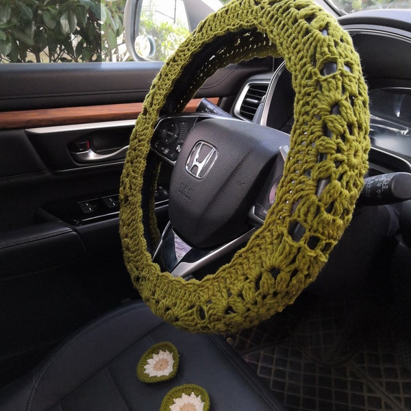 Sunflower Steering Wheel Cover,Car Steering Wheel Cover,Green Steering Wheel Cover For Women and Men,Crochet Car Coaster,Car accessories