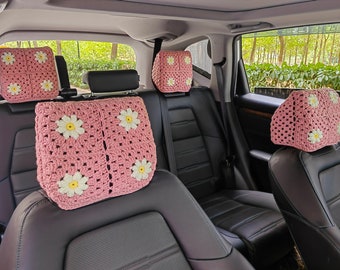 Car Seat Head Rest Cover,Crochet Car Headrest Covers,Daisy Headrest Covers,Super Soft Car Headrest Cover for Women
