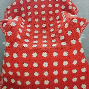 Handmade Daisy Crochet Throw Blanket: Orange Red Granny Square Blanket