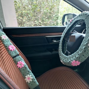 Lenkradhülle,Gehäkelte Lenkradhülle,Sonnenblume Auto Zubehör,Daisy Steuerrad Hülle,Lenkrad Hülle für Frauen & Mädchen