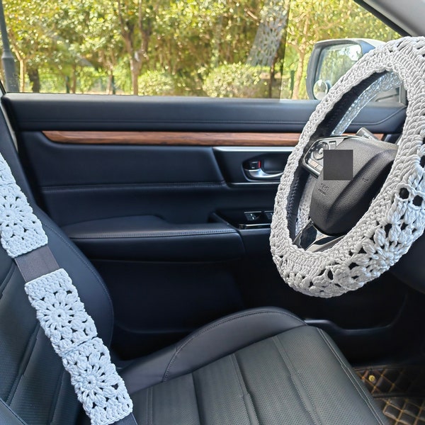 Crochet Steering Wheel Cover,Sunflower Crochet Seat Belt Cover, Steering Wheel Cover crochet,Women car accessories, Crochet car accessories