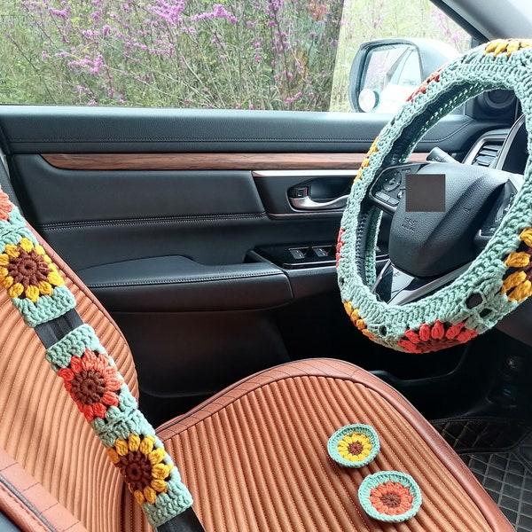 Sunflower Crochet Steering Wheel Cover: Car Accessories Set