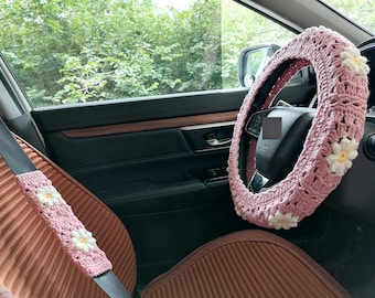 Crochet Daisy Steering Wheel Cover: Handmade Car Accessory