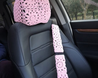 Crochet Sunflower Car Headrest Cover: Pink Auto Interior Decor