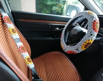 Handmade Crochet Sunflower Steering Wheel Cover: Car Decor