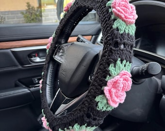 Crochet Roses Flower Steering Wheel Cover: Car Accessory Gift