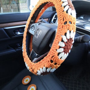Auto-Lenkradabdeckung, Auto-Sicherheitsgurtabdeckung, häkeln Sonnenblume Lenkradabdeckung, Lenkradabdeckung häkeln, Orange häkeln Auto Untersetzer