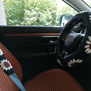 Steering Wheel Cover For Car,Steering Wheel Cover for women, Crochet Sunflower Black seat belt Cover,Black Steering Wheel Cover,Crochet Gift